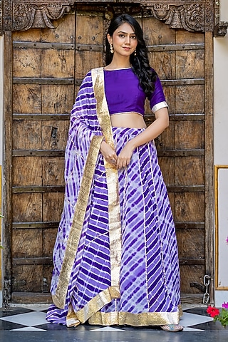 Purple Viscose Georgette Leheriya Printed Lehenga Set by House Of Jamoti