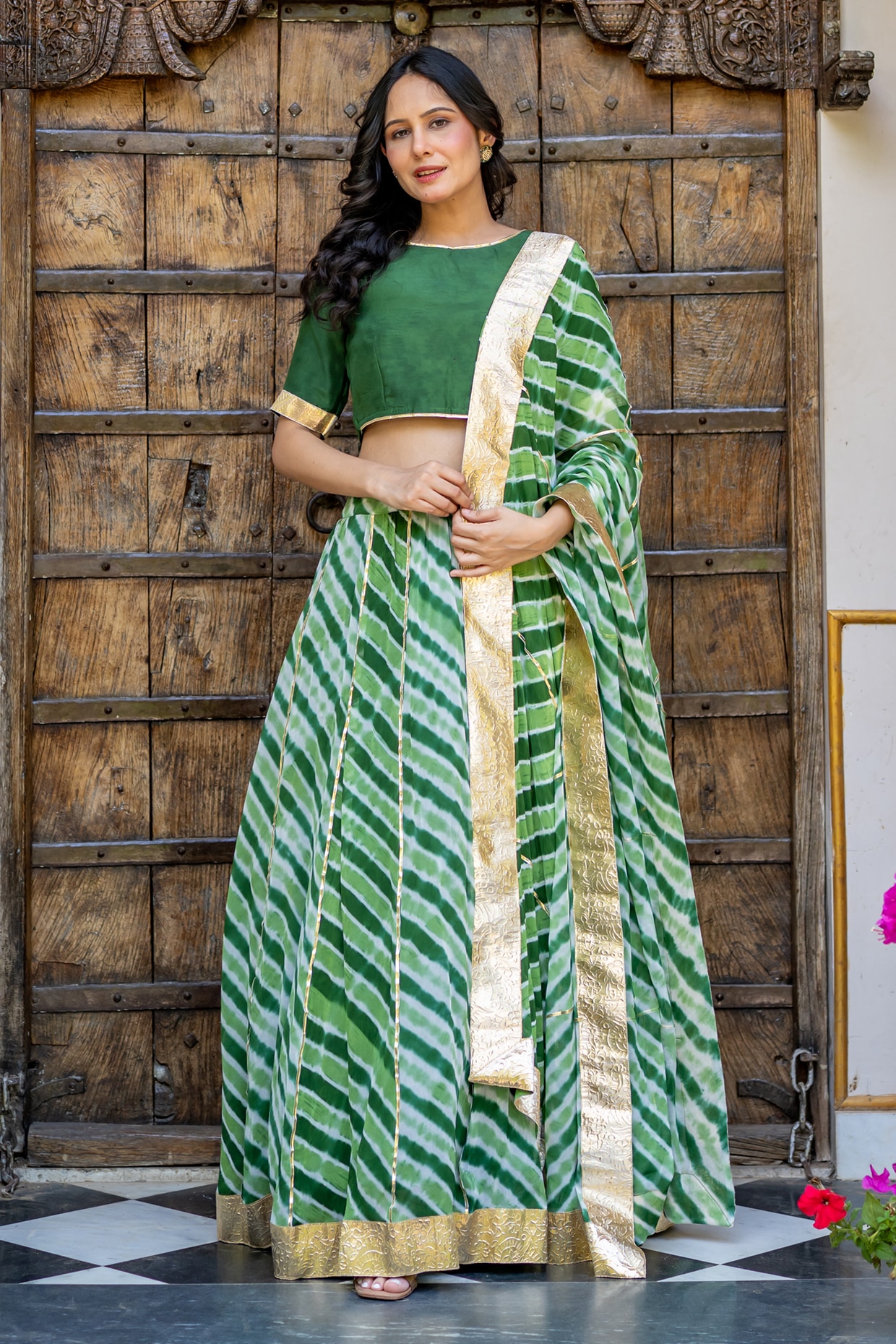 House Of Jamoti Green Viscose Georgette Leheriya Printed Lehenga Set