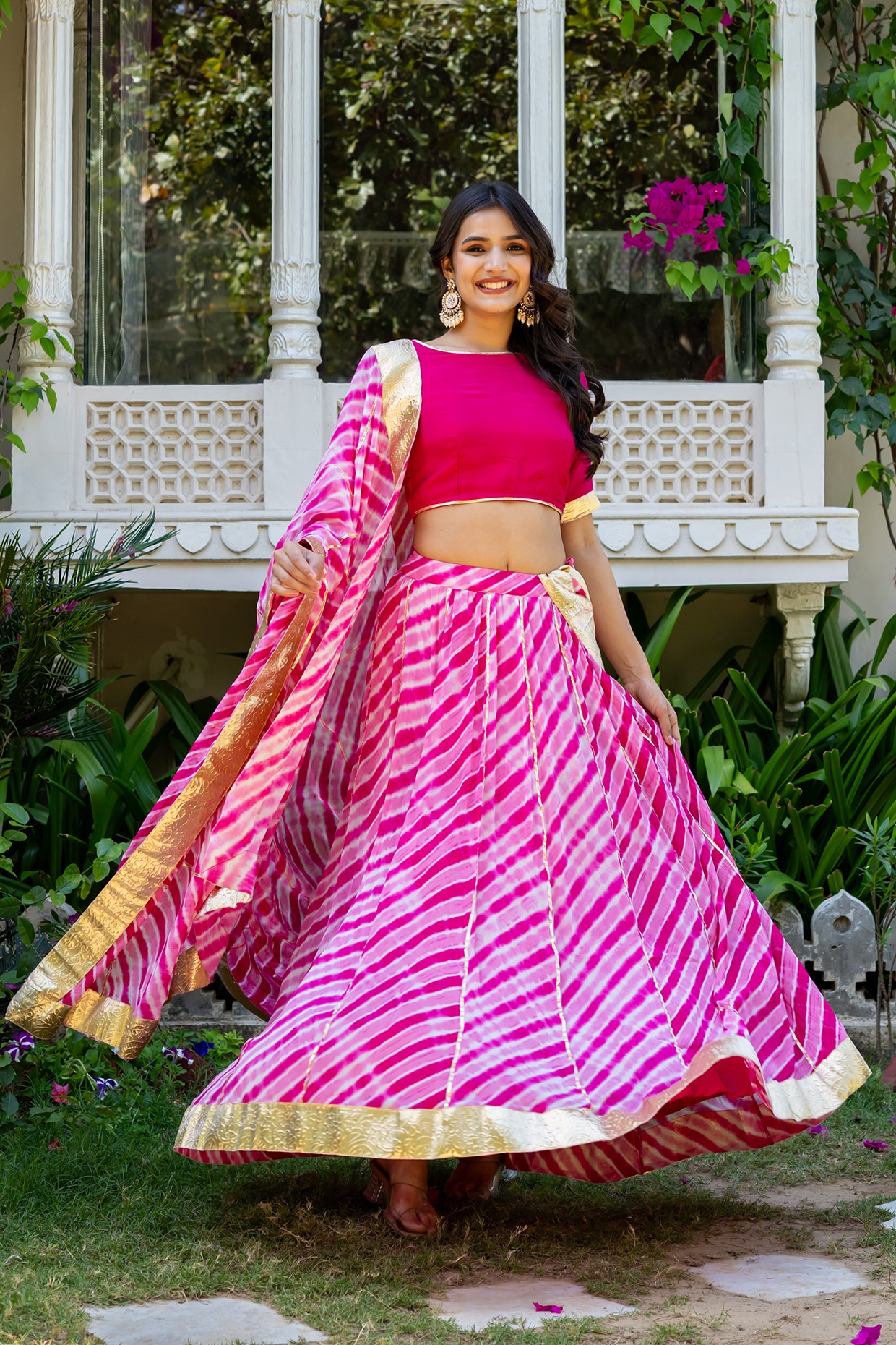 House Of Jamoti Pink Viscose Georgette Leheriya Printed Lehenga Set