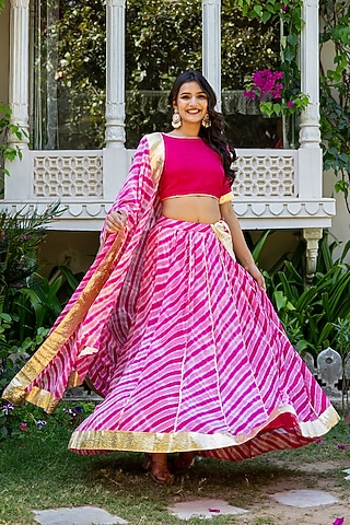 Pink Viscose Georgette Leheriya Printed Lehenga Set by House Of Jamoti