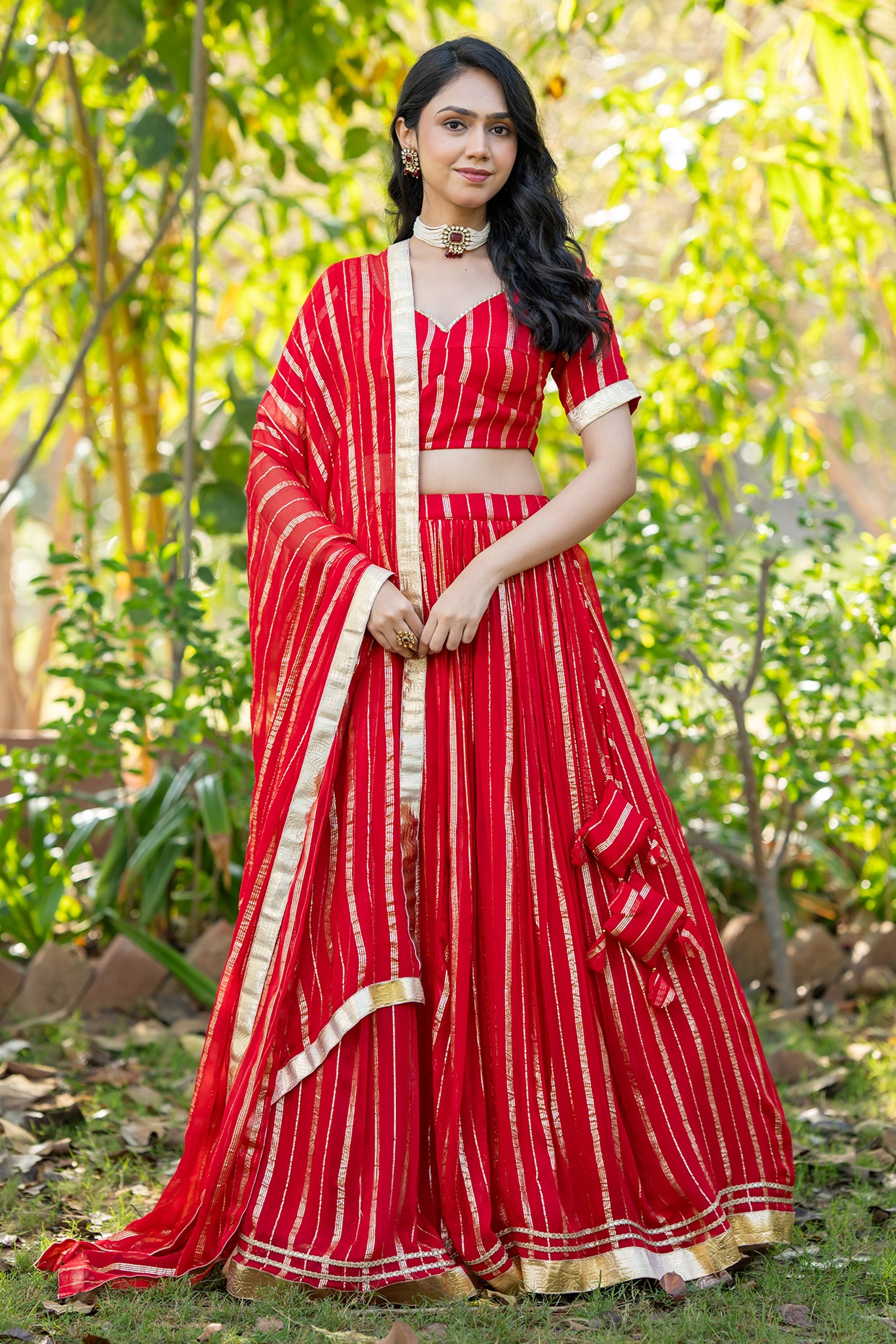 House Of Jamoti Red Viscose Georgette Zari Striped Lehenga Set