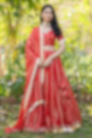 Red Viscose Georgette Zari Striped Lehenga Set by House Of Jamoti at Pernia's Pop Up Shop