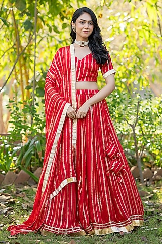 Red Viscose Georgette Zari Striped Lehenga Set by House Of Jamoti