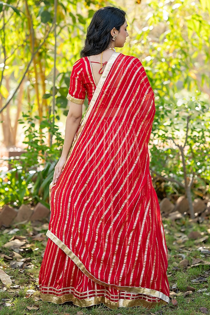 Red Viscose Georgette Zari Striped Lehenga Set by House Of Jamoti at Pernia's Pop Up Shop