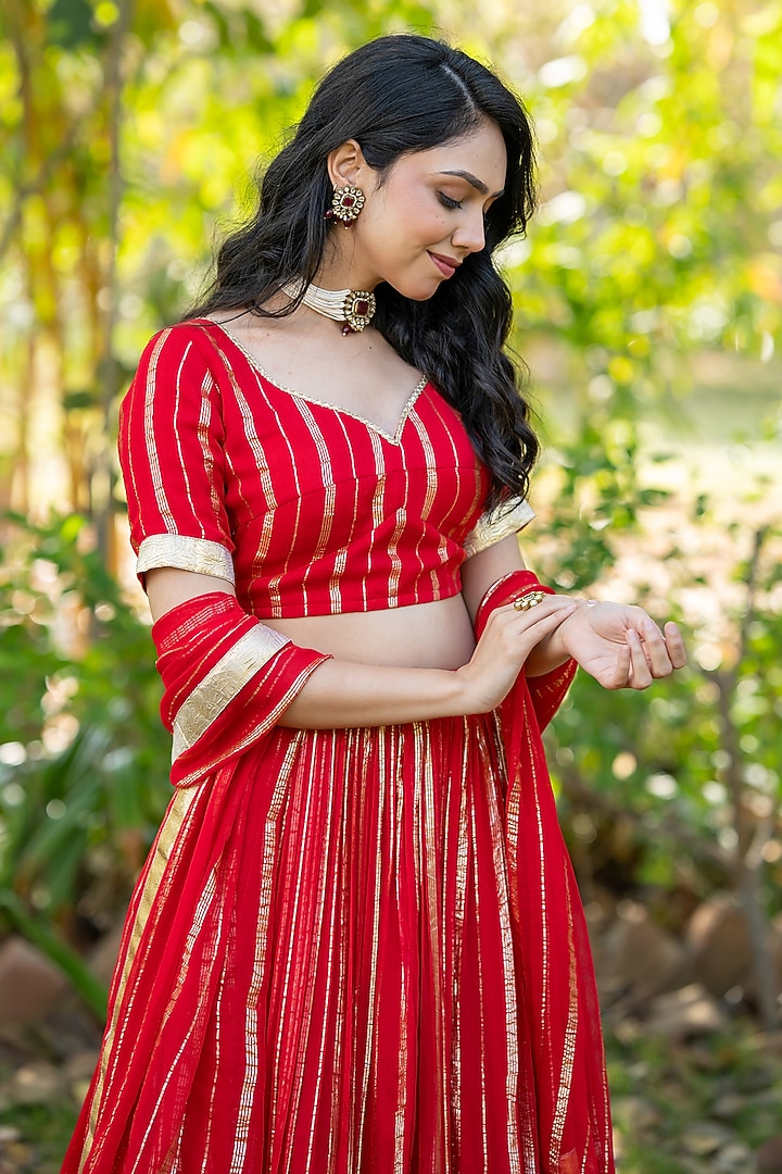 Red Viscose Georgette Zari Striped Lehenga Set by House Of Jamoti at Pernia's Pop Up Shop