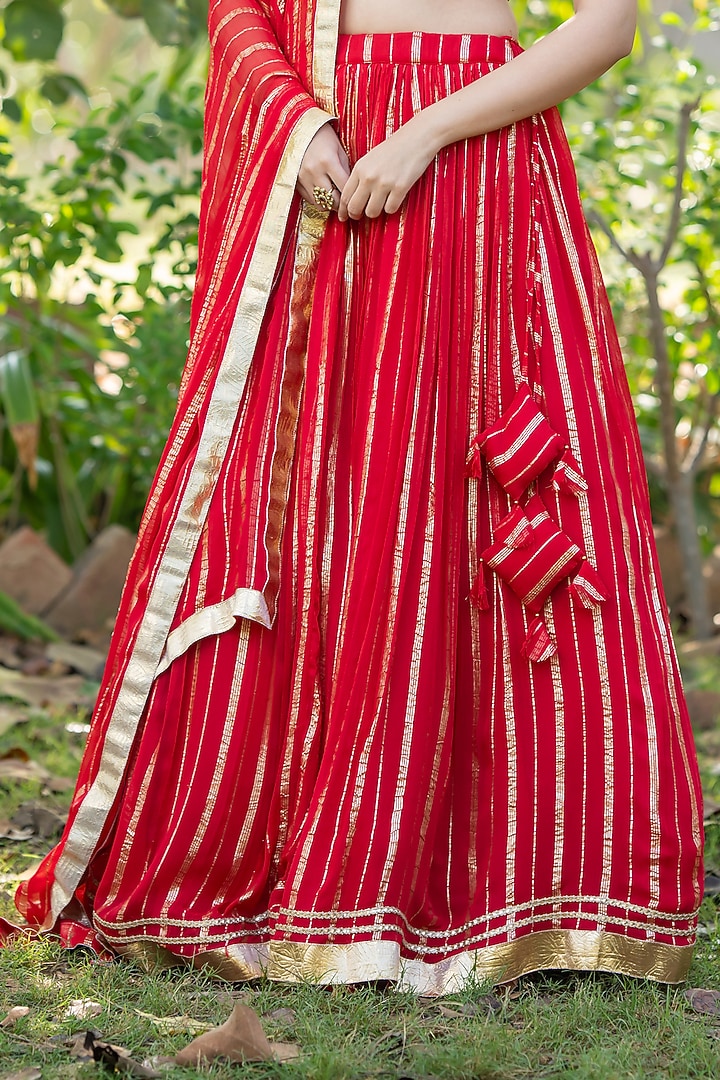 Red Viscose Georgette Zari Striped Lehenga Set by House Of Jamoti at Pernia's Pop Up Shop