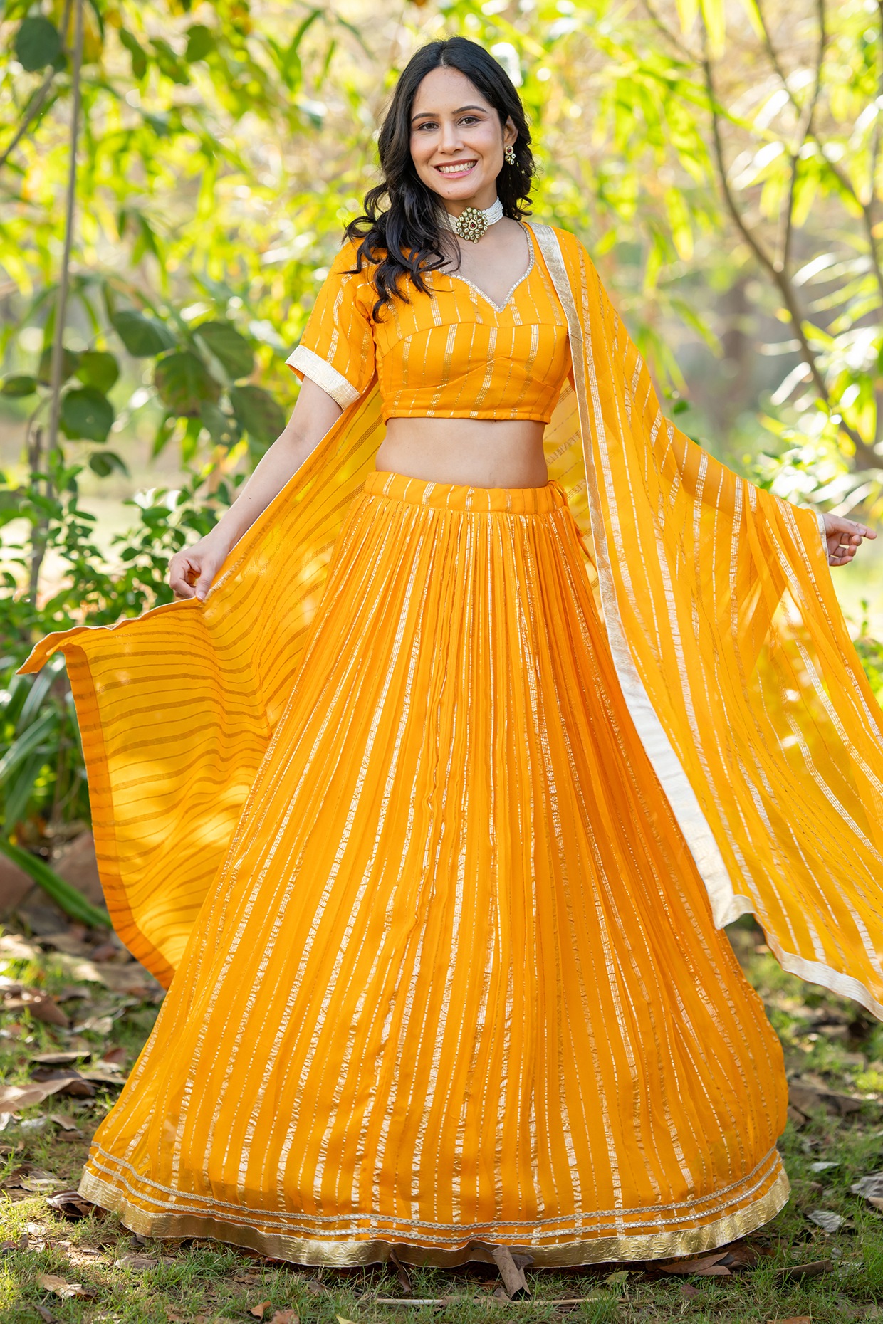 House Of Jamoti Yellow Viscose Georgette Zari Striped Lehenga Set