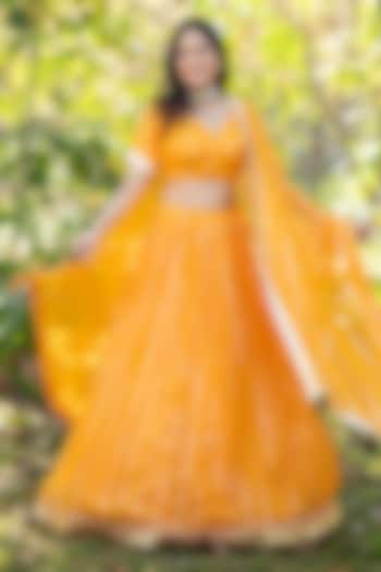 Yellow Viscose Georgette Zari Striped Lehenga Set by House Of Jamoti at Pernia's Pop Up Shop