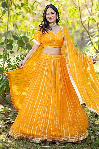 Yellow Viscose Georgette Zari Striped Lehenga Set by House Of Jamoti
