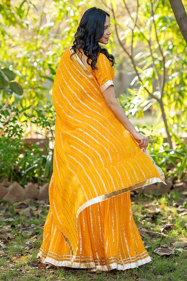 Yellow Viscose Georgette Zari Striped Lehenga Set by House Of Jamoti at Pernia's Pop Up Shop
