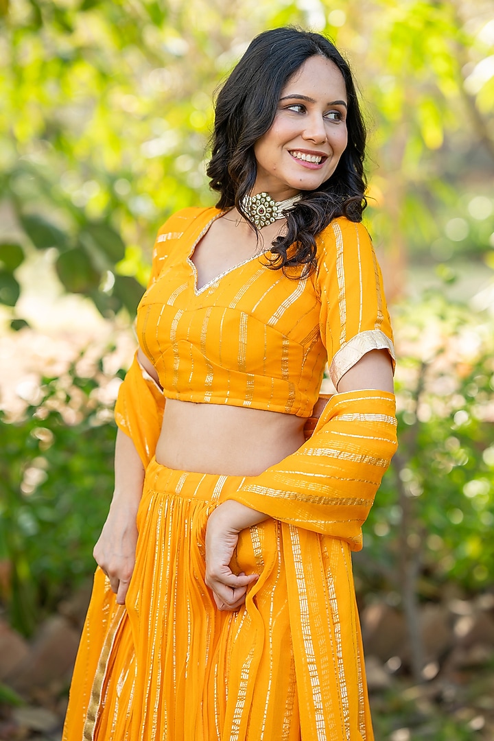 Yellow Viscose Georgette Zari Striped Lehenga Set by House Of Jamoti at Pernia's Pop Up Shop