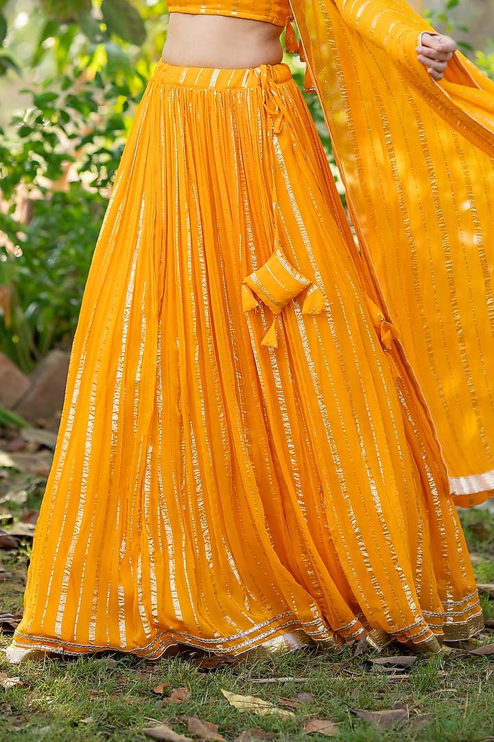 Yellow Viscose Georgette Zari Striped Lehenga Set by House Of Jamoti at Pernia's Pop Up Shop