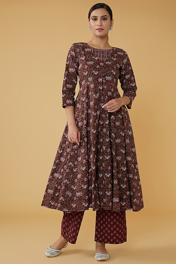 Maroon Cotton Floral Printed Anarkali Set by House Of Jamoti
