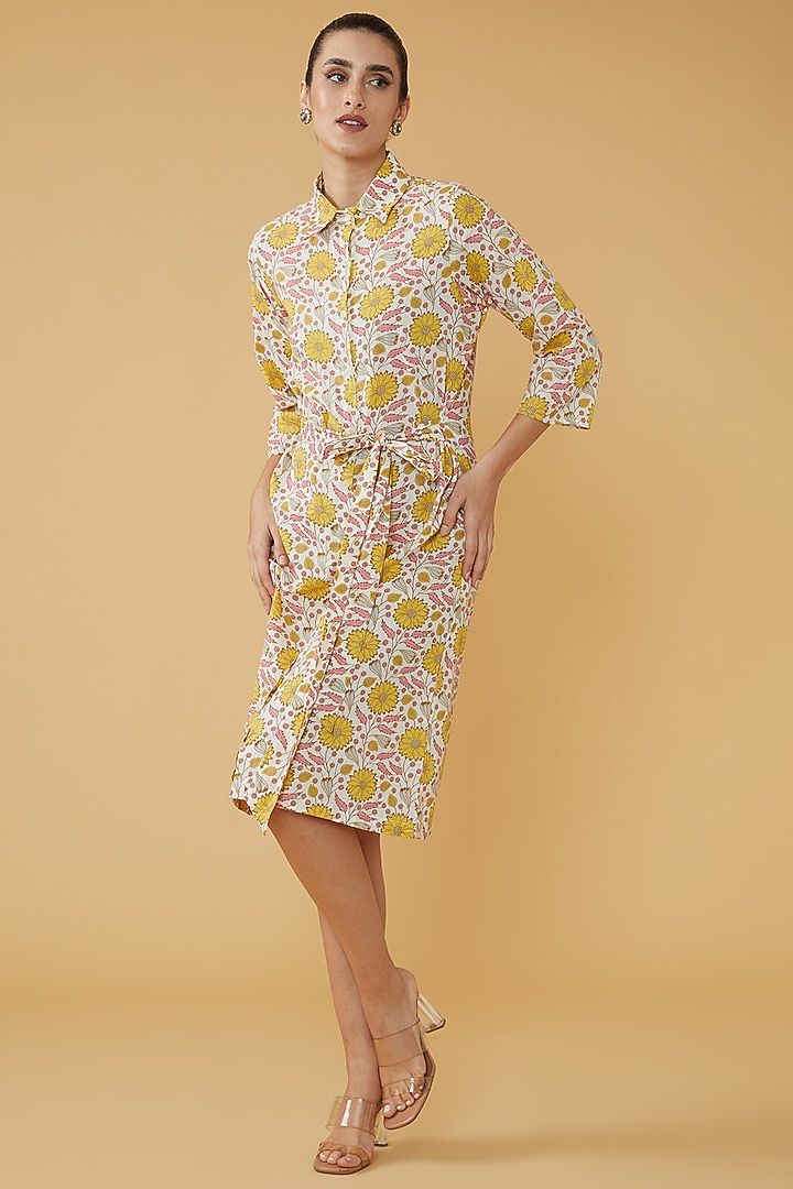 Off-White Cotton Printed Summer Shirt Dress by House Of Jamoti at Pernia's Pop Up Shop