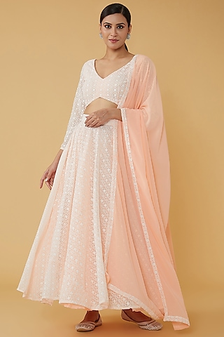 Peach Georgette Embroidered Lehenga Set by House Of Jamoti