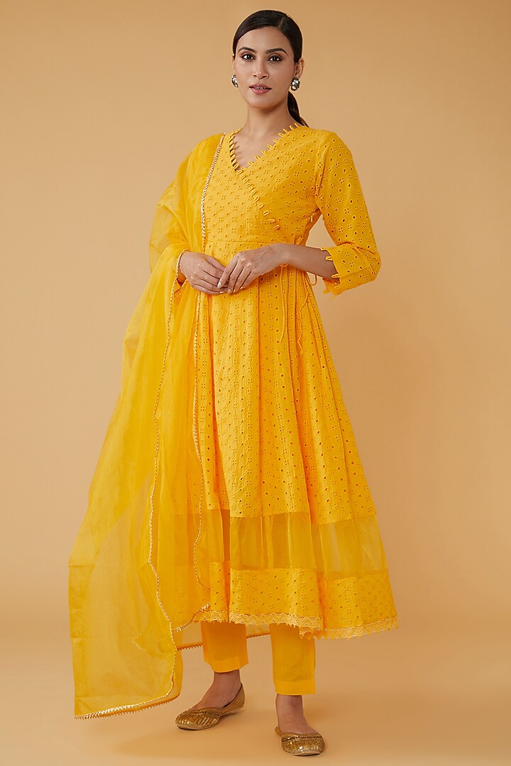 Yellow Schiffli Cotton & Organza Anarkali Set by House Of Jamoti at Pernia's Pop Up Shop