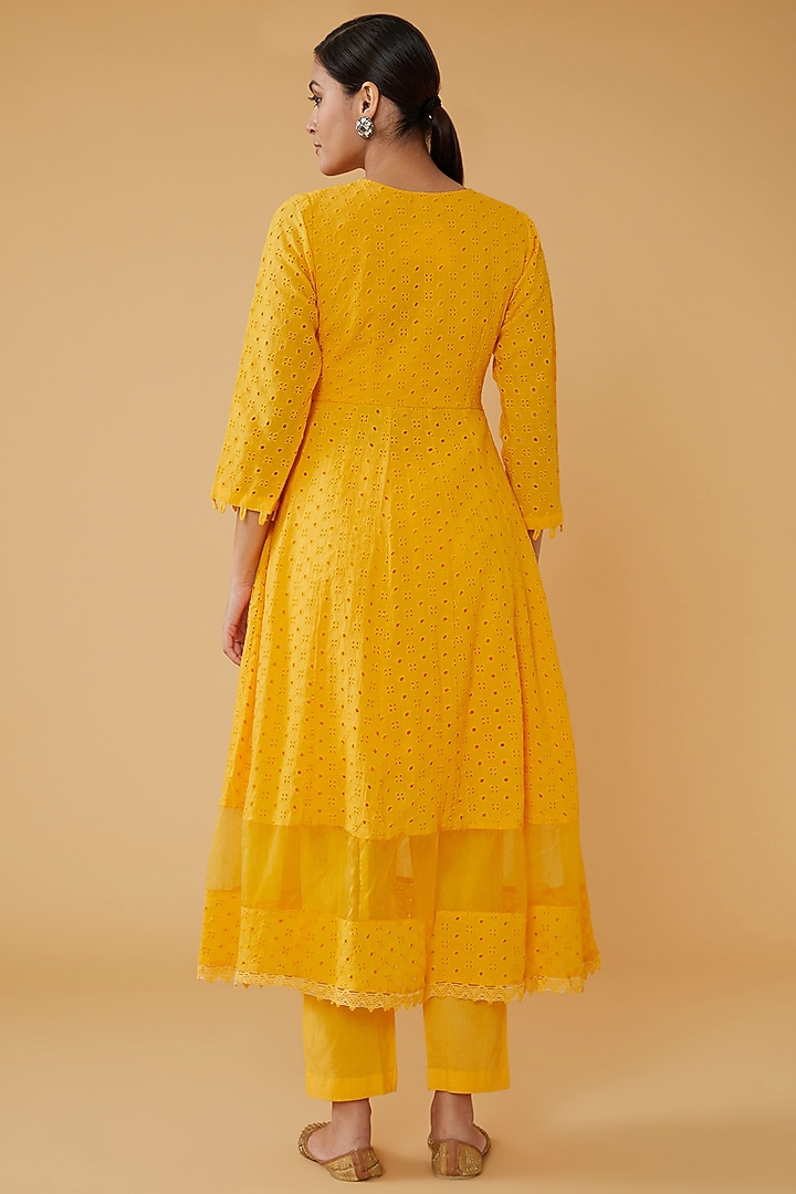 Yellow Schiffli Cotton & Organza Anarkali Set by House Of Jamoti at Pernia's Pop Up Shop