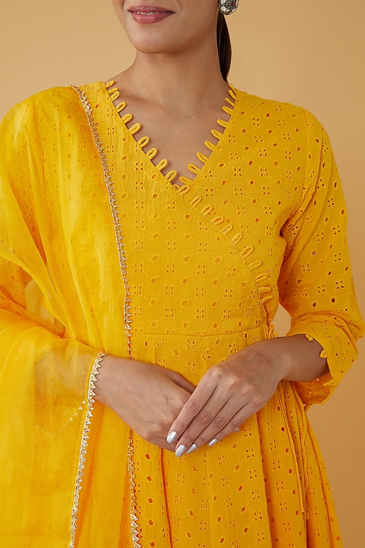 Yellow Schiffli Cotton & Organza Anarkali Set by House Of Jamoti at Pernia's Pop Up Shop