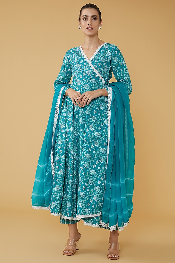 Blue Cotton Printed Angrakha Anarkali Set by House Of Jamoti at Pernia's Pop Up Shop