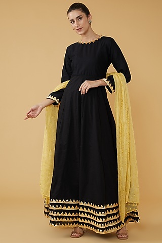 Black Cotton Anarkali Set by House Of Jamoti
