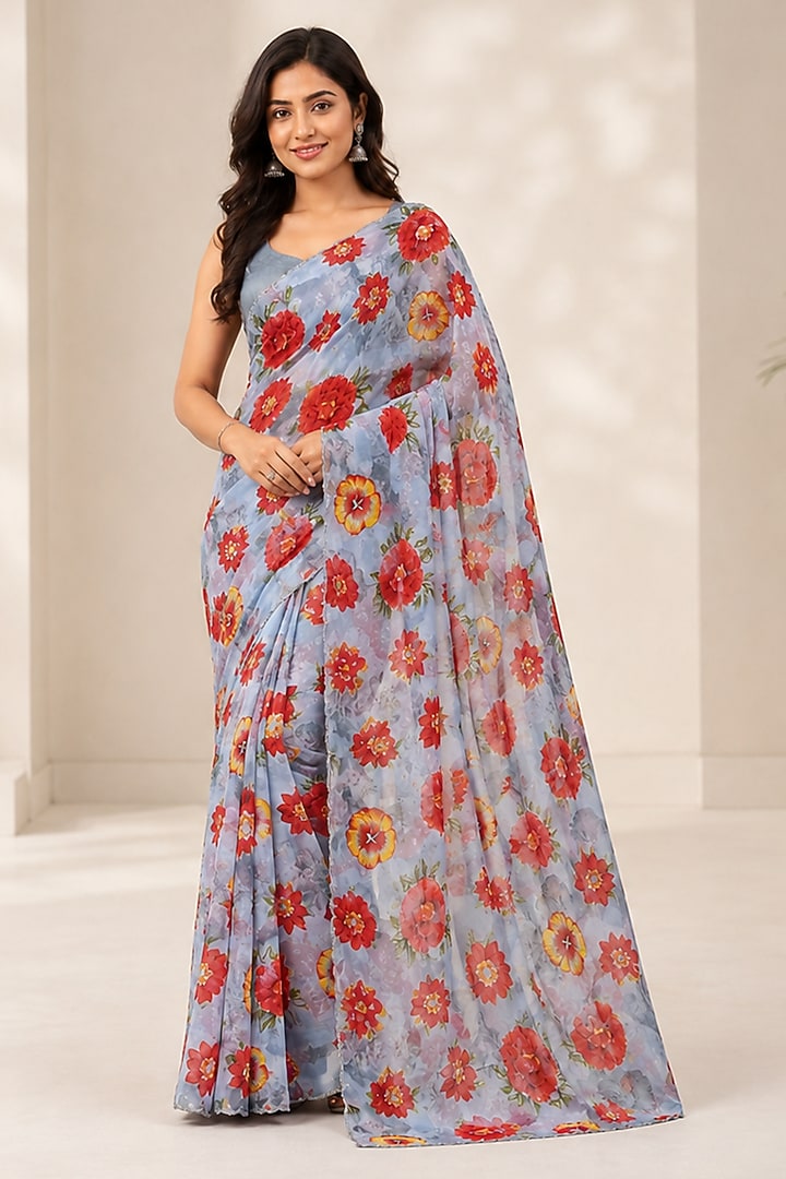 Powder Blue Cotton Blend Floral Printed Festive Saree Set by House Of Jamoti at Pernia's Pop Up Shop