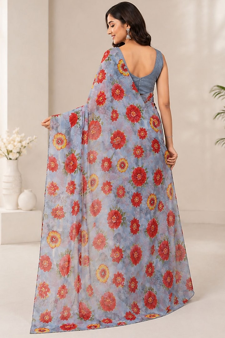 Powder Blue Cotton Blend Floral Printed Festive Saree Set by House Of Jamoti at Pernia's Pop Up Shop
