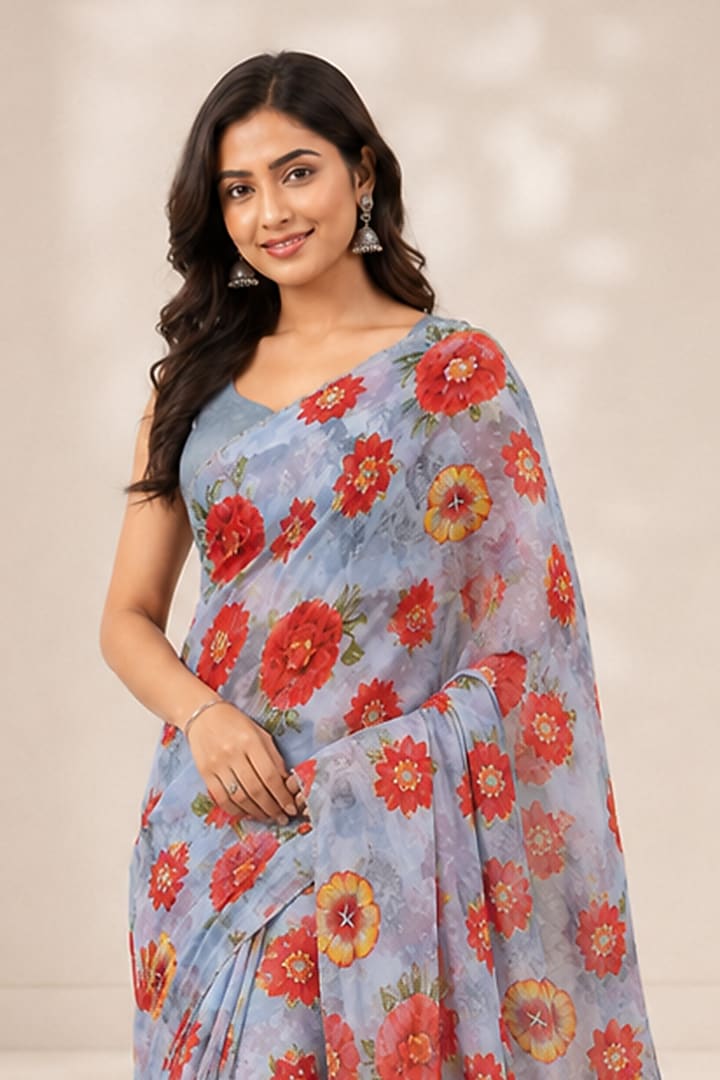 Powder Blue Cotton Blend Floral Printed Festive Saree Set by House Of Jamoti at Pernia's Pop Up Shop
