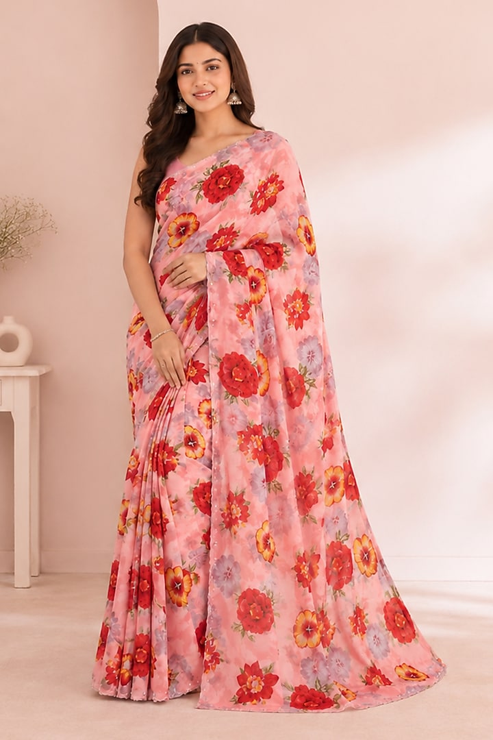 Blush Pink Cotton Blend Floral Printed Festive Saree Set by House Of Jamoti at Pernia's Pop Up Shop