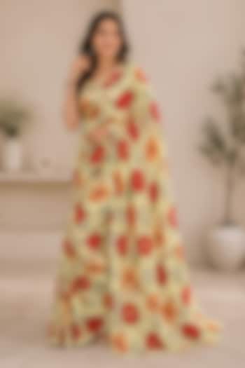 Pastel Yellow Cotton Blend Floral Printed Festive Saree Set by House Of Jamoti at Pernia's Pop Up Shop