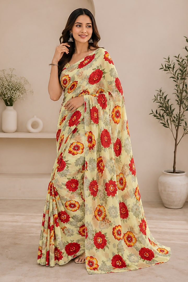 Pastel Yellow Cotton Blend Floral Printed Festive Saree Set by House Of Jamoti at Pernia's Pop Up Shop