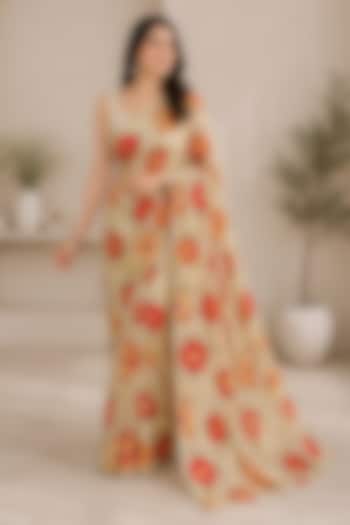 Ivory-Beige Cotton Blend Floral Printed Festive Saree Set by House Of Jamoti at Pernia's Pop Up Shop