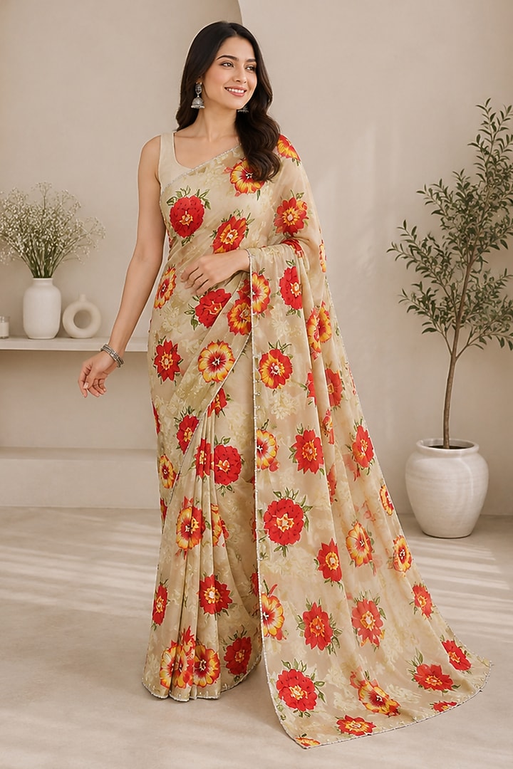 Ivory-Beige Cotton Blend Floral Printed Festive Saree Set by House Of Jamoti at Pernia's Pop Up Shop
