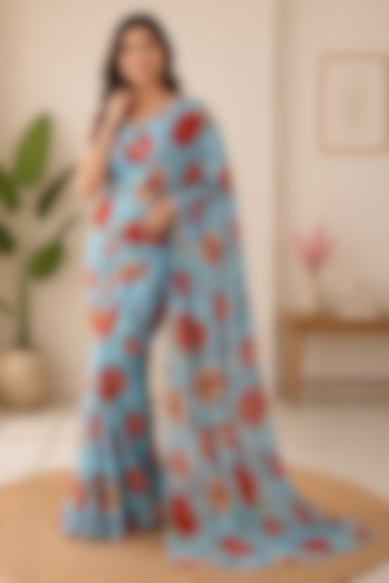 Sky Blue Cotton Blend Floral Printed Festive Saree Set by House Of Jamoti at Pernia's Pop Up Shop