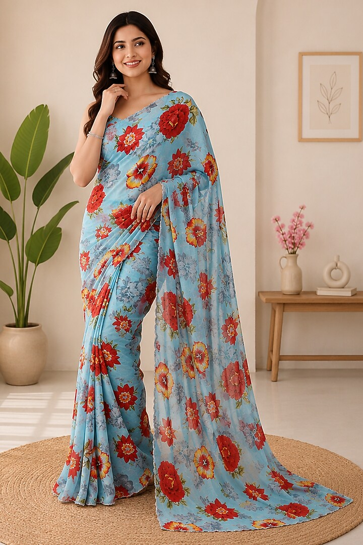 Sky Blue Cotton Blend Floral Printed Festive Saree Set by House Of Jamoti at Pernia's Pop Up Shop