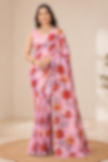 Pink Cotton Blend Floral Printed Festive Saree Set by House Of Jamoti at Pernia's Pop Up Shop