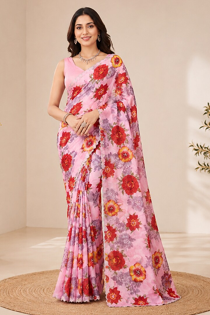 Pink Cotton Blend Floral Printed Festive Saree Set by House Of Jamoti at Pernia's Pop Up Shop