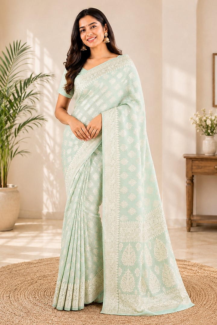 Mint Green Silk Blend Festive Saree Set by House Of Jamoti at Pernia's Pop Up Shop