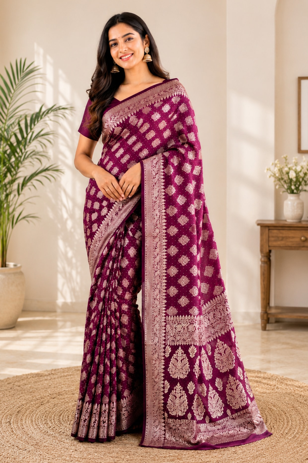 House Of Jamoti Deep Wine Silk Blend Saree Set