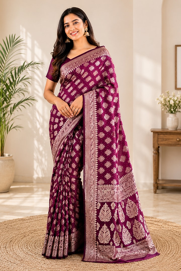 Deep Wine Silk Blend Festive Saree Set by House Of Jamoti at Pernia's Pop Up Shop