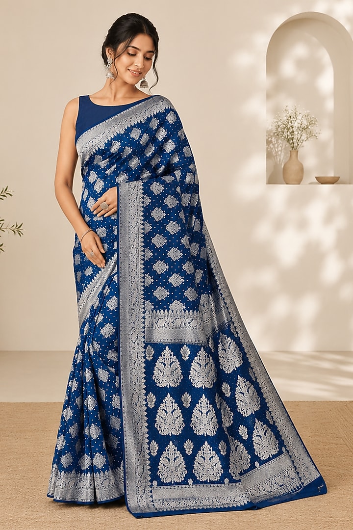 Sapphire Blue Silk Blend Festive Saree Set by House Of Jamoti at Pernia's Pop Up Shop