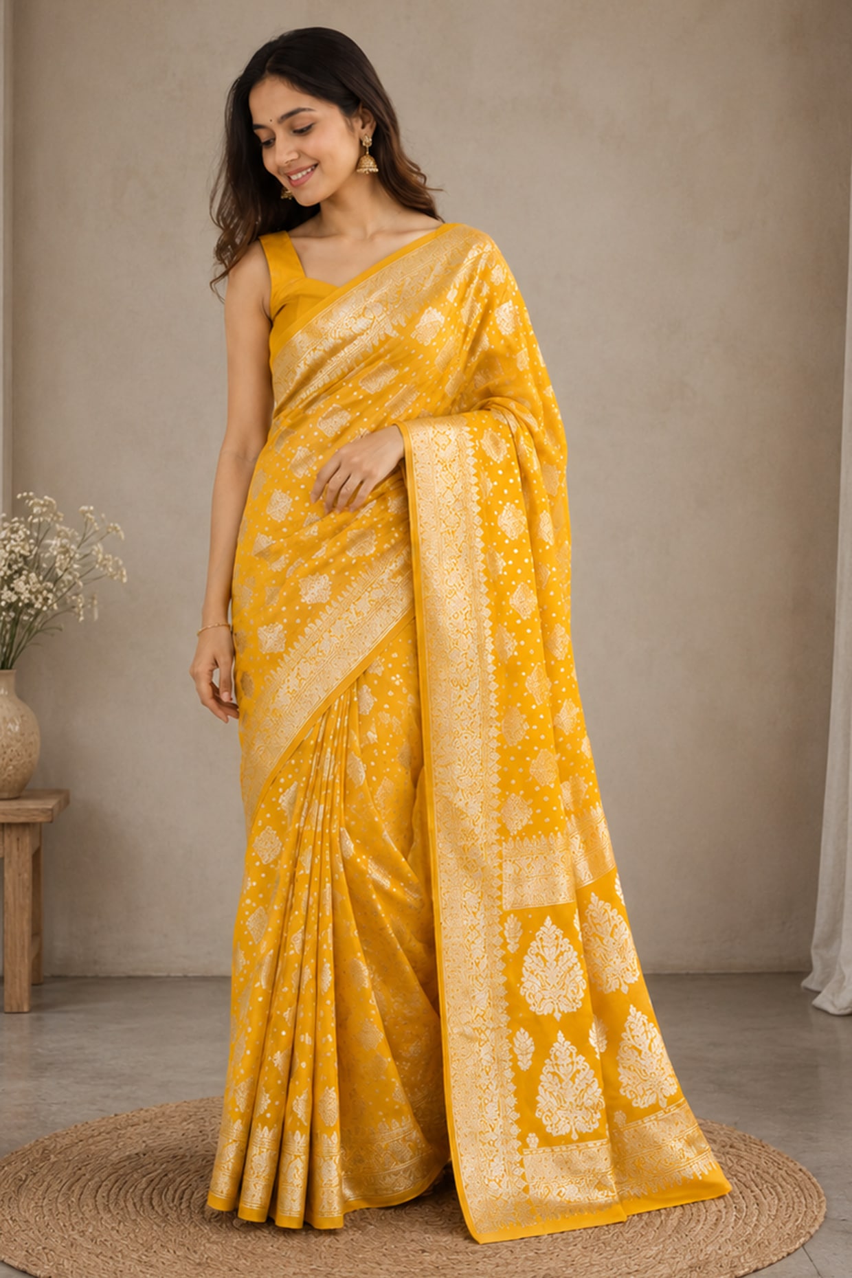 House Of Jamoti Mustard Silk Blend Saree Set