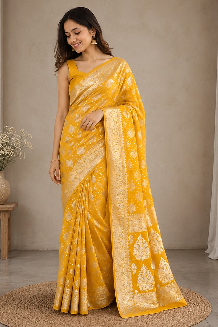 Mustard Silk Blend Festive Saree Set by House Of Jamoti at Pernia's Pop Up Shop