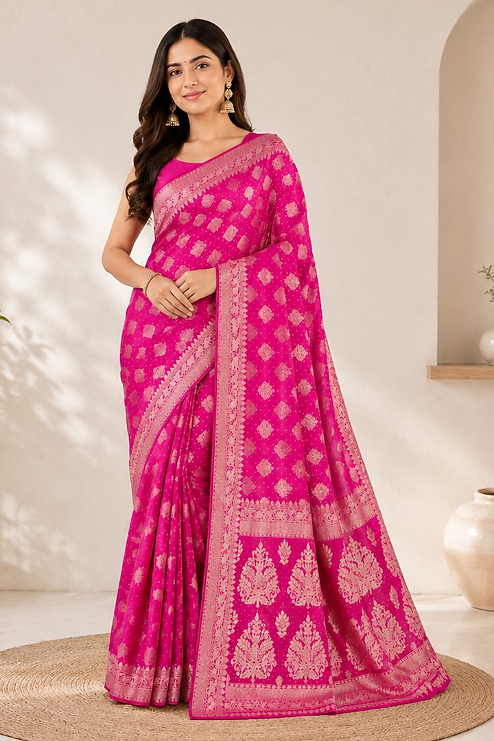 Rani Pink Silk Blend Festive Saree Set by House Of Jamoti at Pernia's Pop Up Shop