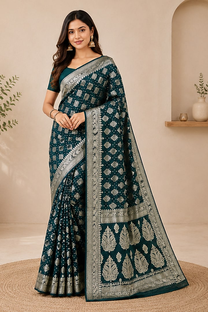 Deep Teal Green Silk Blend Festive Saree Set by House Of Jamoti at Pernia's Pop Up Shop