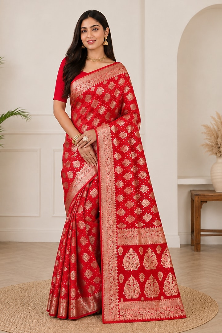 Scarlet Red Silk Blend Festive Saree Set by House Of Jamoti at Pernia's Pop Up Shop