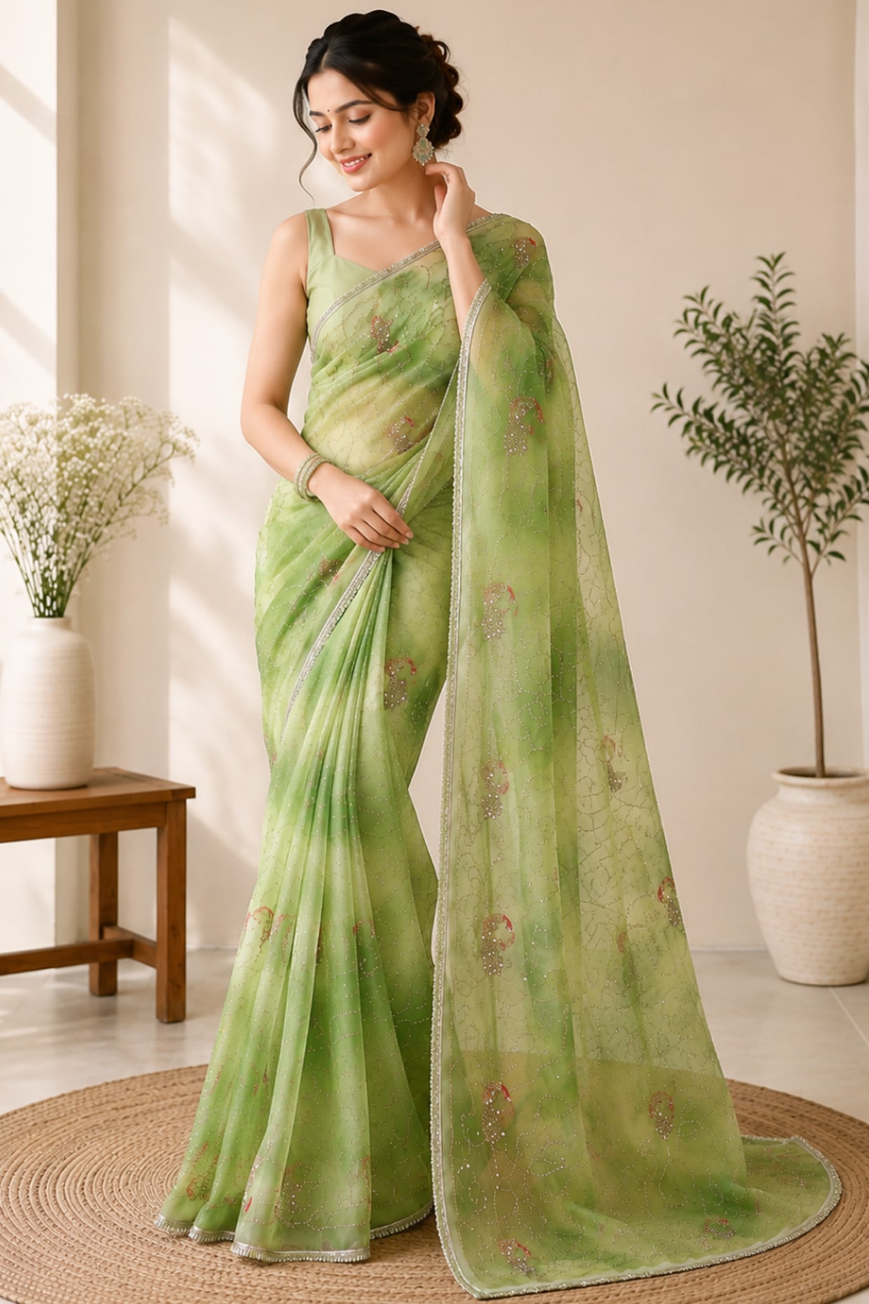 House Of Jamoti Pistachio Green Pure Georgette Sequin Embroidered Saree Set