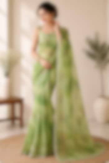 Pistachio Green Pure Georgette Sequin Embroidered Festive Saree Set by House Of Jamoti at Pernia's Pop Up Shop