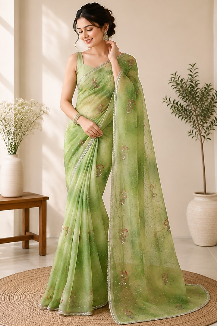 Pistachio Green Pure Georgette Sequin Embroidered Festive Saree Set by House Of Jamoti at Pernia's Pop Up Shop