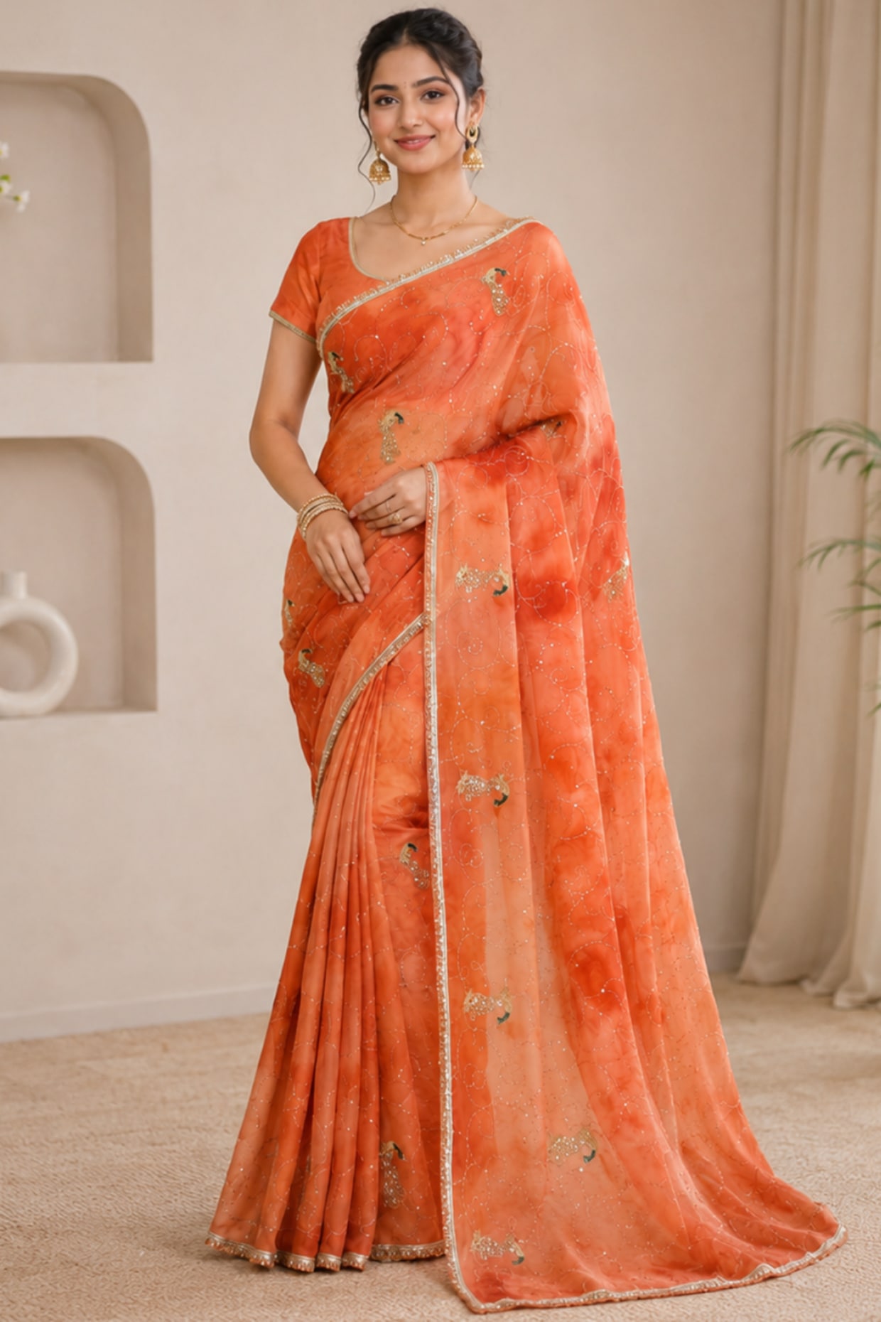 House Of Jamoti Tangerine Orange Pure Georgette Sequin Embroidered Saree Set