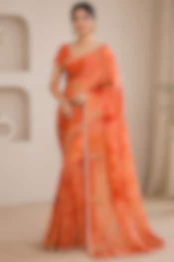 Tangerine Orange Pure Georgette Sequin Embroidered Festive Saree Set by House Of Jamoti at Pernia's Pop Up Shop